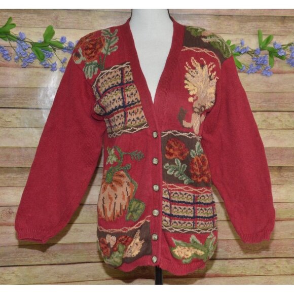 Vintage Jantzen Classics Red Embroidered Fall Cardigan Sweater Size L Granny - Picture 1 of 10